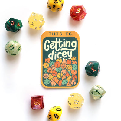 This Is Getting Dicey Sticker Fall Colors - Geeky merchandise for people who play D&D - Merch to wear and cute accessories and stationery Paola's Pixels