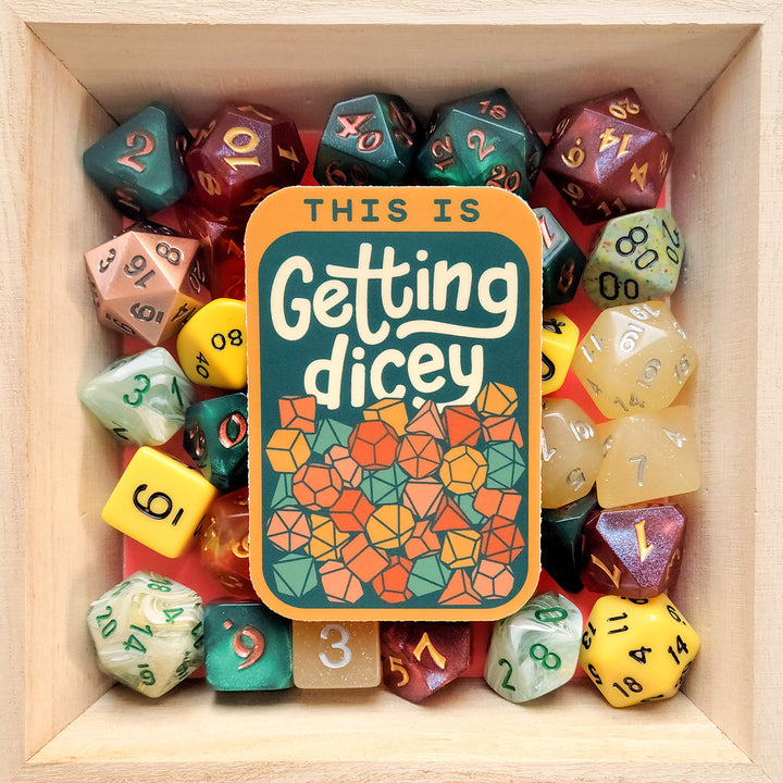This Is Getting Dicey Sticker Fall Colors - Geeky merchandise for people who play D&D - Merch to wear and cute accessories and stationery Paola's Pixels