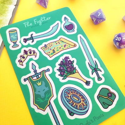 The Fighter Sticker Sheet - Geeky merchandise for people who play D&D - Merch to wear and cute accessories and stationery Paola's Pixels