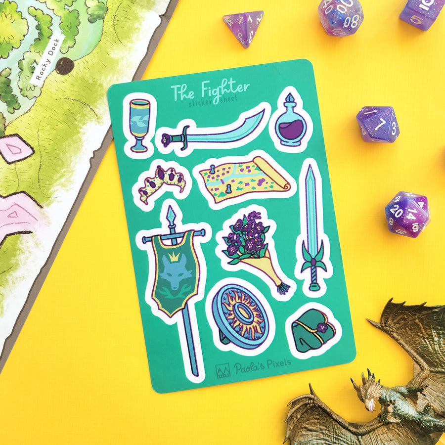 The Fighter Sticker Sheet - Geeky merchandise for people who play D&D - Merch to wear and cute accessories and stationery Paola's Pixels