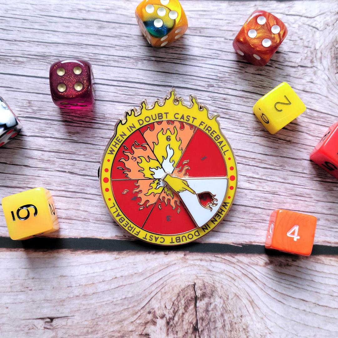 Seconds Sale! Fireball Spinner Pin - Geeky merchandise for people who play D&D - Merch to wear and cute accessories and stationery Paola's Pixels