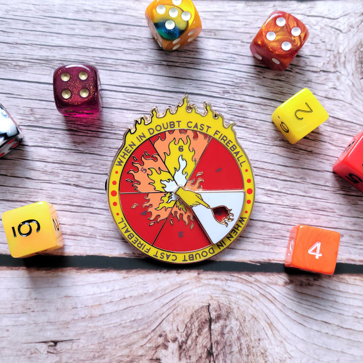 Seconds Sale! Fireball Spinner Pin - Geeky merchandise for people who play D&D - Merch to wear and cute accessories and stationery Paola's Pixels