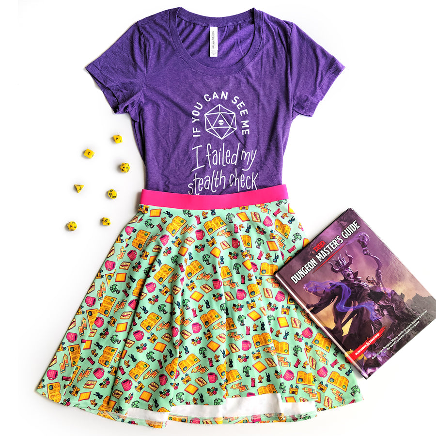Colorful Game Master Skater Skirt - Geeky merchandise for people who play D&D - Merch to wear and cute accessories and stationery Paola's Pixels