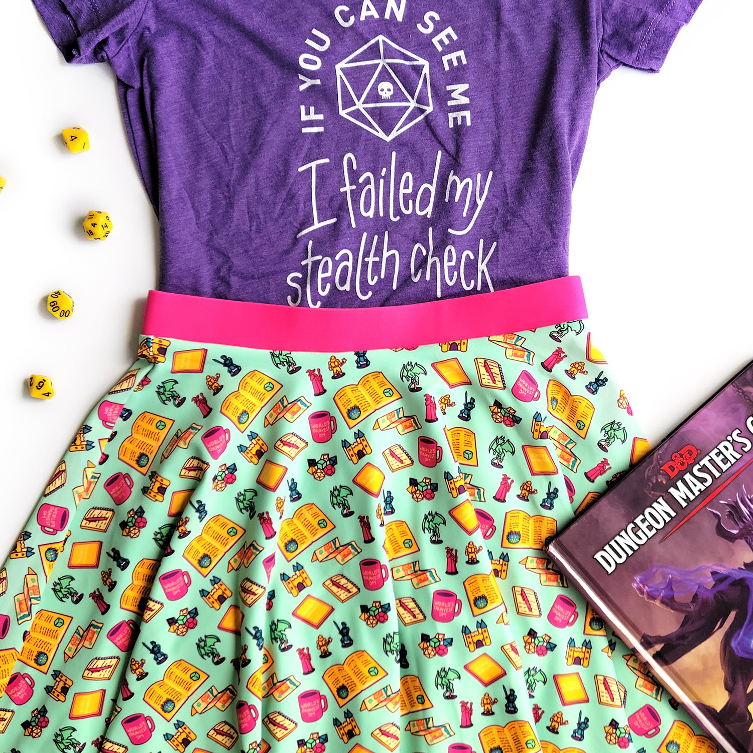 Colorful Game Master Skater Skirt - Geeky merchandise for people who play D&D - Merch to wear and cute accessories and stationery Paola's Pixels