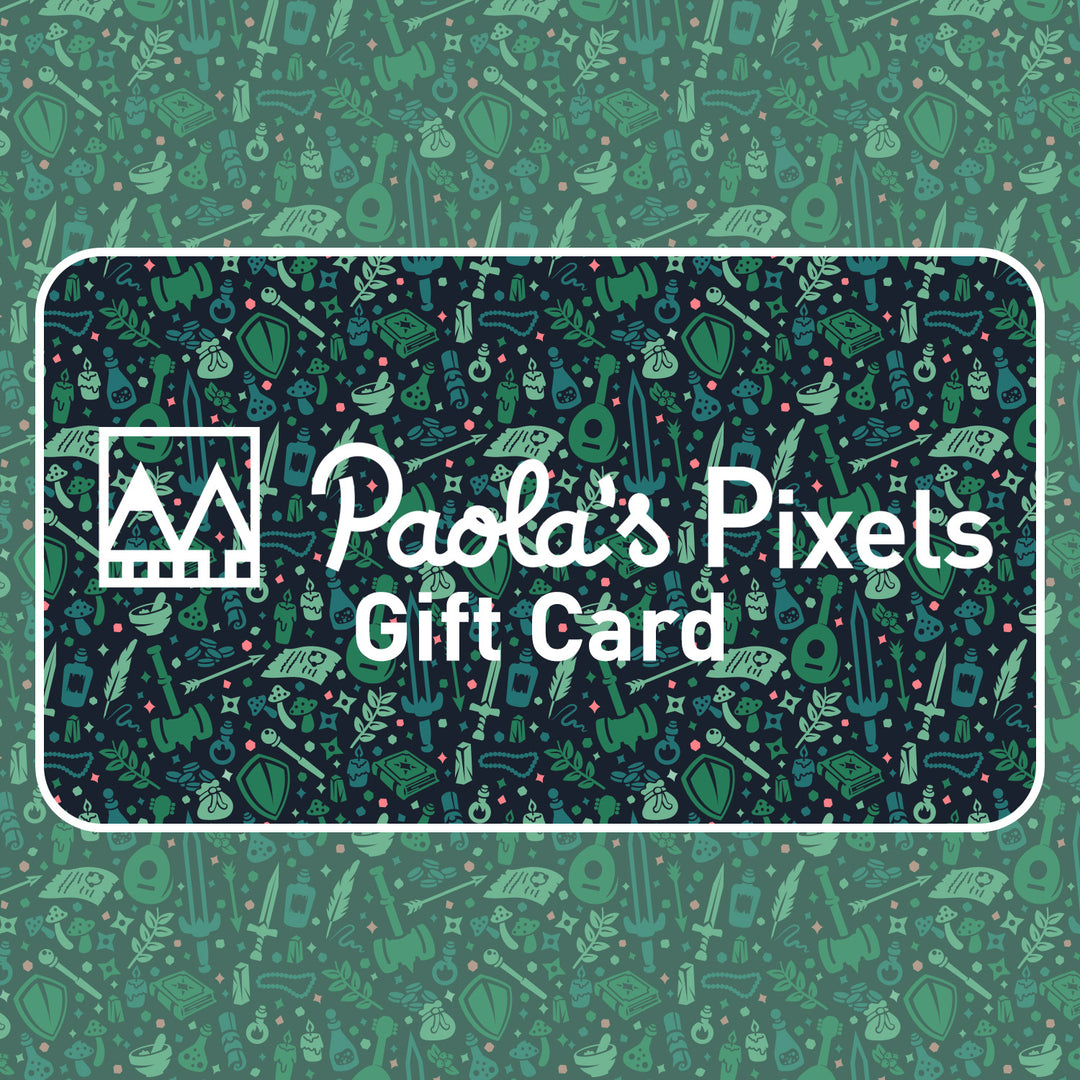 Paola's Pixels Gift Card - Geeky merchandise for people who play D&D - Merch to wear and cute accessories and stationery Paola's Pixels