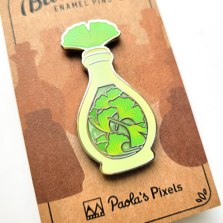 Seconds Sale! Green Ginkgo Potion Enamel Pin - Geeky merchandise for people who play D&D - Merch to wear and cute accessories and stationery Paola's Pixels
