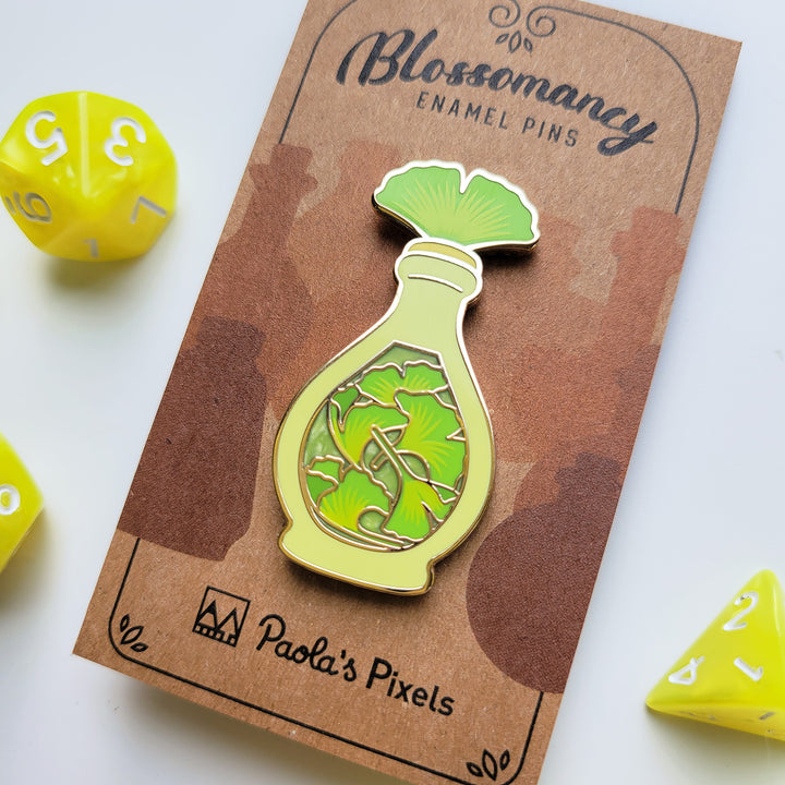 Green Ginkgo Potion Enamel Pin - Geeky merchandise for people who play D&D - Merch to wear and cute accessories and stationery Paola's Pixels