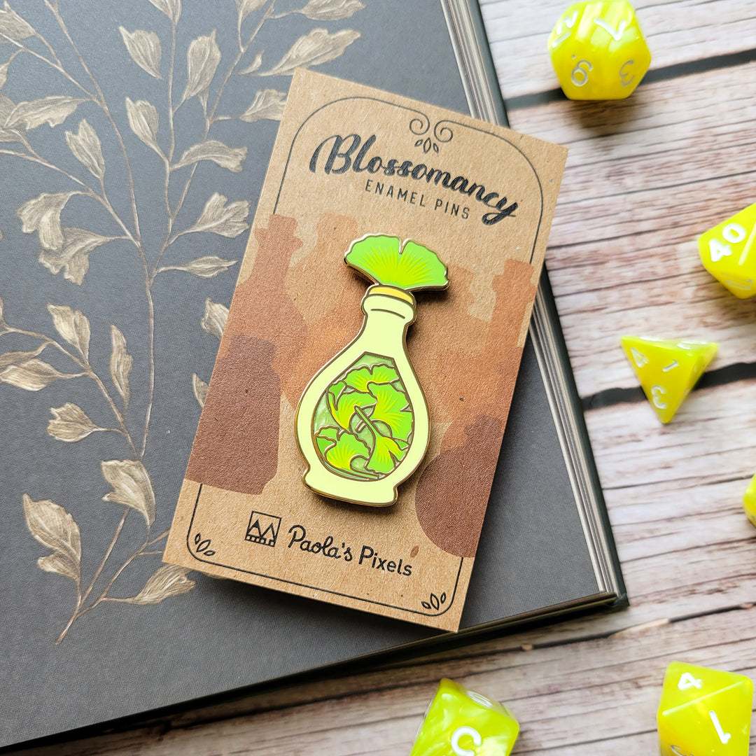 Green Ginkgo Potion Enamel Pin - Geeky merchandise for people who play D&D - Merch to wear and cute accessories and stationery Paola's Pixels