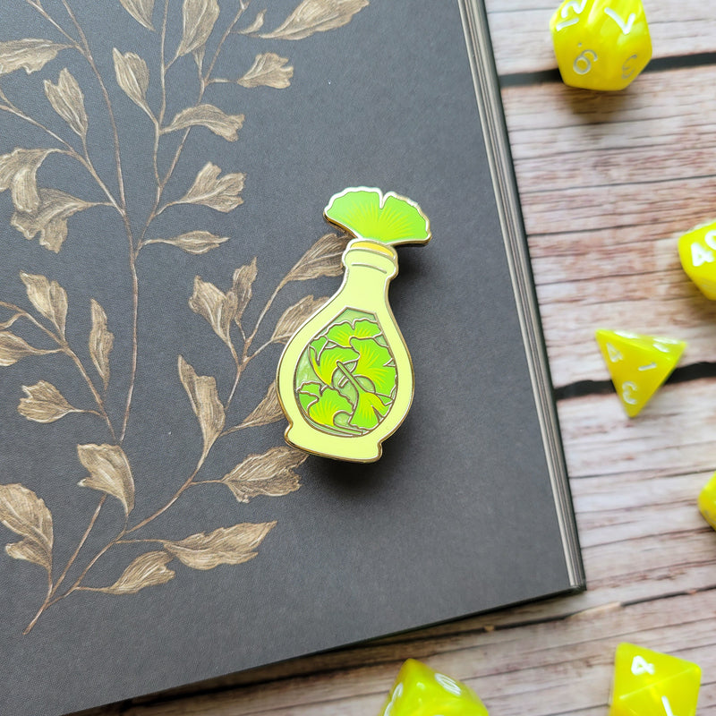 Green Ginkgo Potion Enamel Pin - Geeky merchandise for people who play D&D - Merch to wear and cute accessories and stationery Paola&