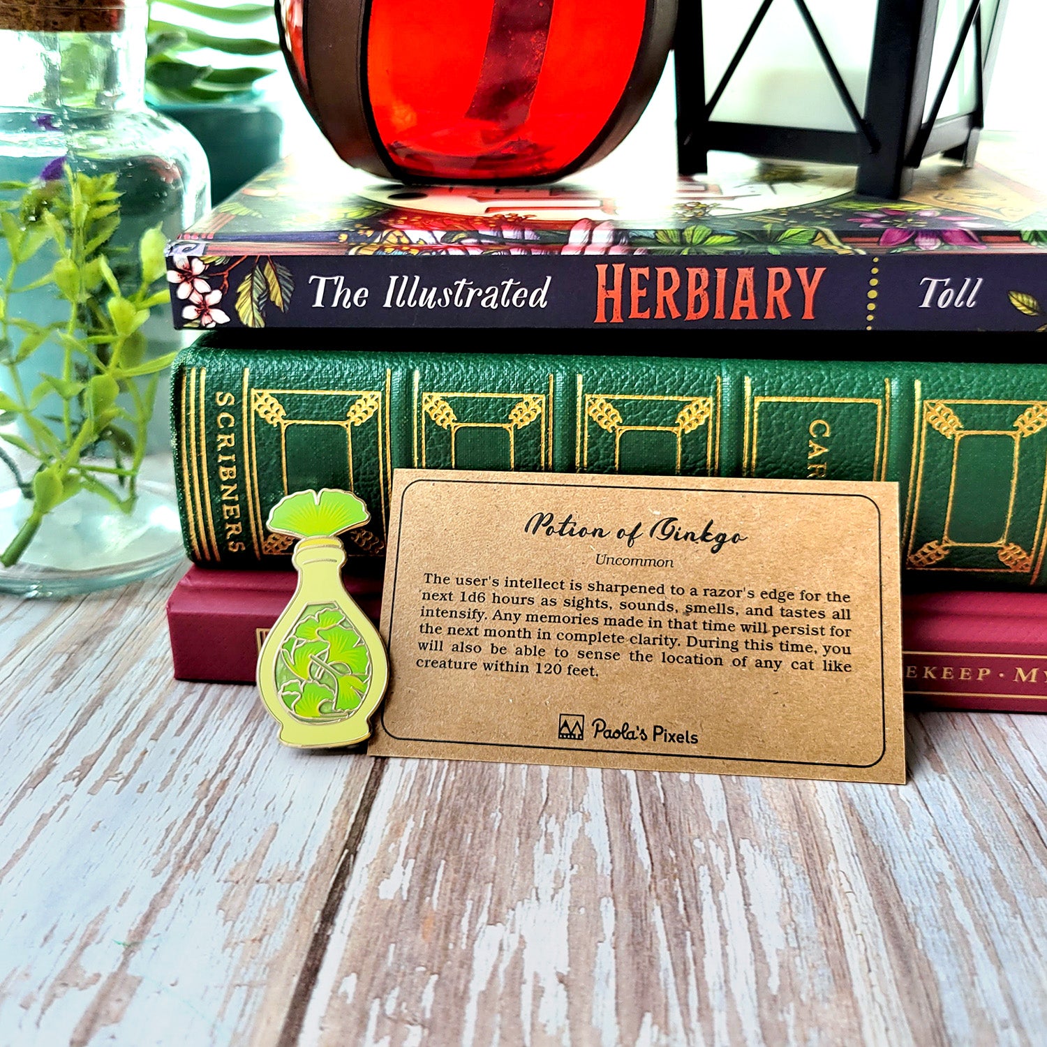 Green Ginkgo Potion Enamel Pin - Geeky merchandise for people who play D&D - Merch to wear and cute accessories and stationery Paola's Pixels
