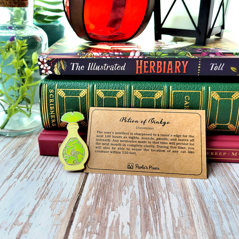 Green Ginkgo Potion Enamel Pin - Geeky merchandise for people who play D&D - Merch to wear and cute accessories and stationery Paola&