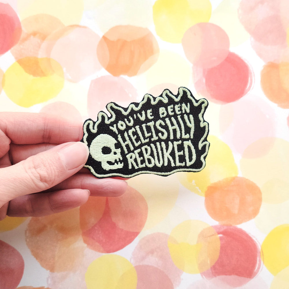 Seconds Sale! You've Been Hellishly Rebuked Patch - Geeky merchandise for people who play D&D - Merch to wear and cute accessories and stationery Paola's Pixels