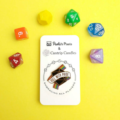 Seconds Sale! Roll with Pride Enamel Pin - Geeky merchandise for people who play D&D - Merch to wear and cute accessories and stationery Paola's Pixels