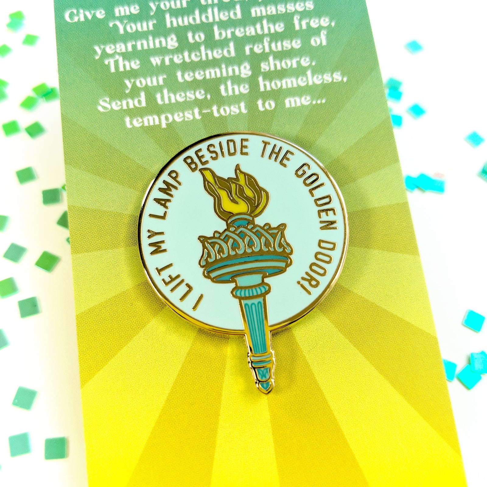 I Lift My Lamp Beside The Golden Door Pin - Geeky merchandise for people who play D&D - Merch to wear and cute accessories and stationery Paola's Pixels