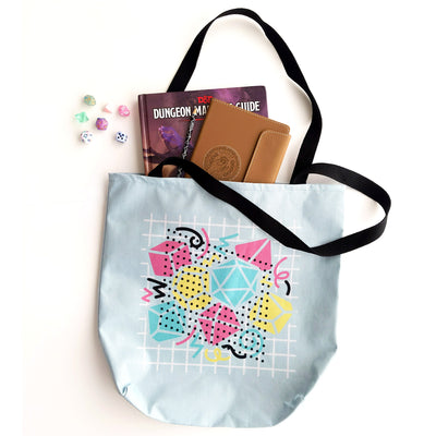 90s Dice Tote Bag - Geeky merchandise for people who play D&D - Merch to wear and cute accessories and stationery Paola's Pixels