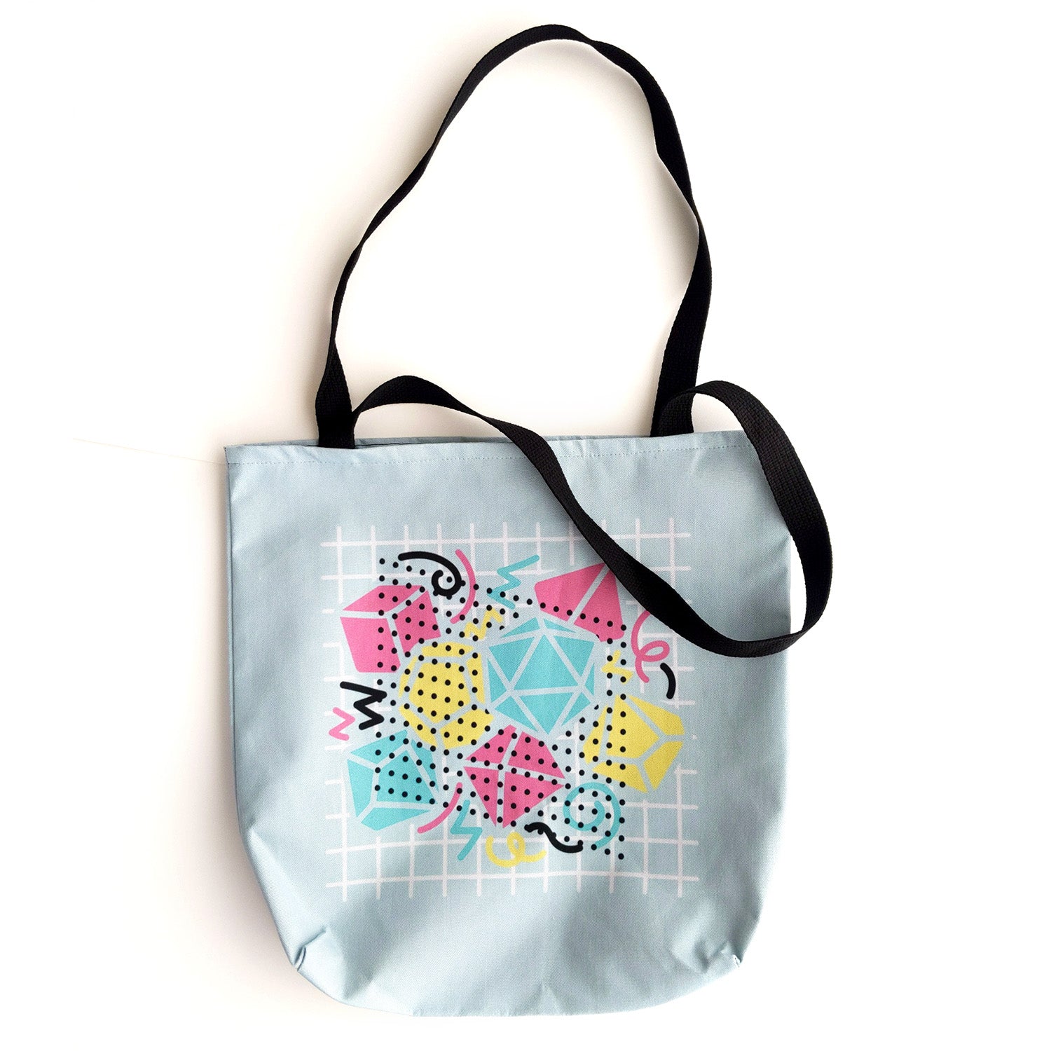 90s Dice Tote Bag - Geeky merchandise for people who play D&D - Merch to wear and cute accessories and stationery Paola's Pixels