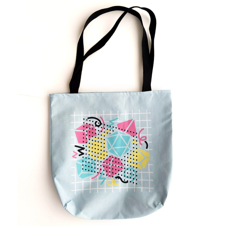 90s Dice Tote Bag - Geeky merchandise for people who play D&D - Merch to wear and cute accessories and stationery Paola's Pixels