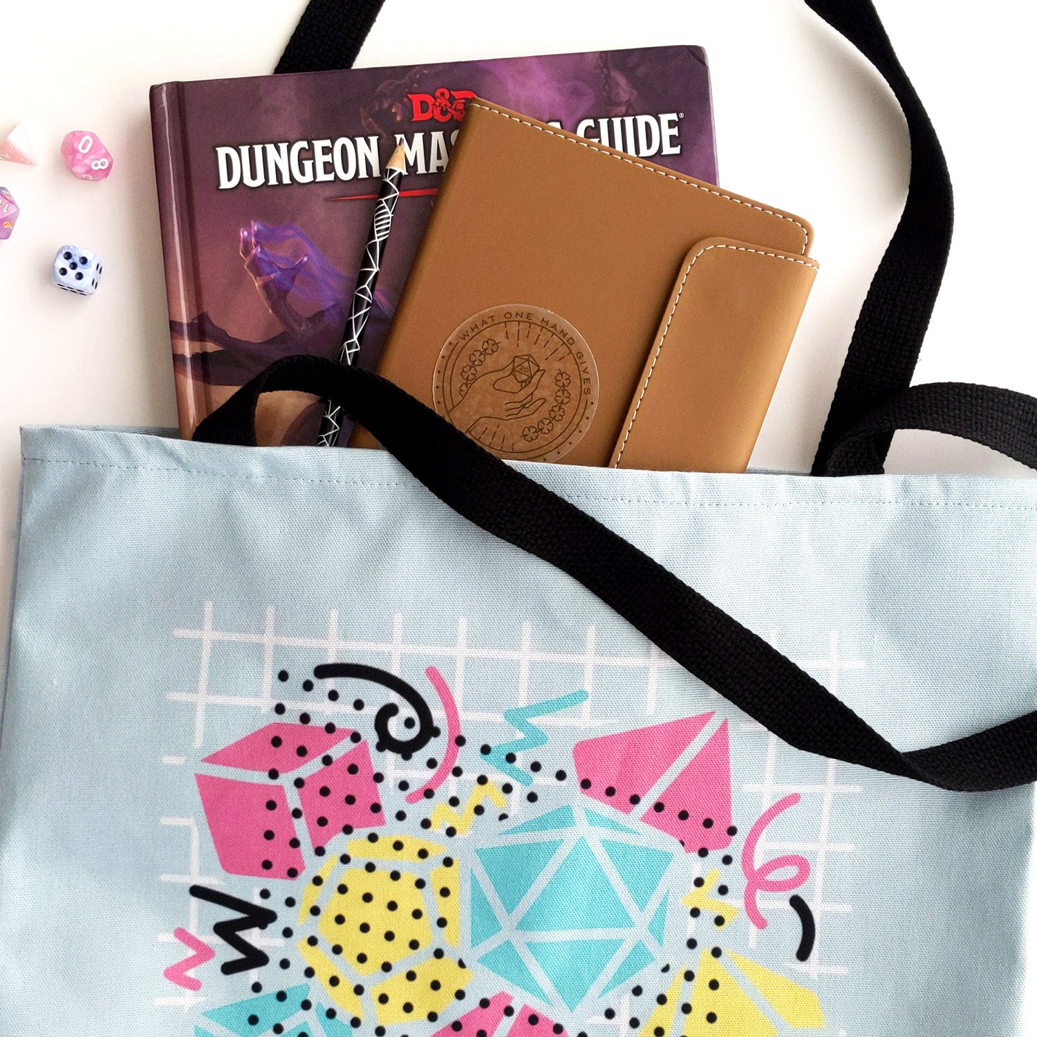 90s Dice Tote Bag - Geeky merchandise for people who play D&D - Merch to wear and cute accessories and stationery Paola's Pixels