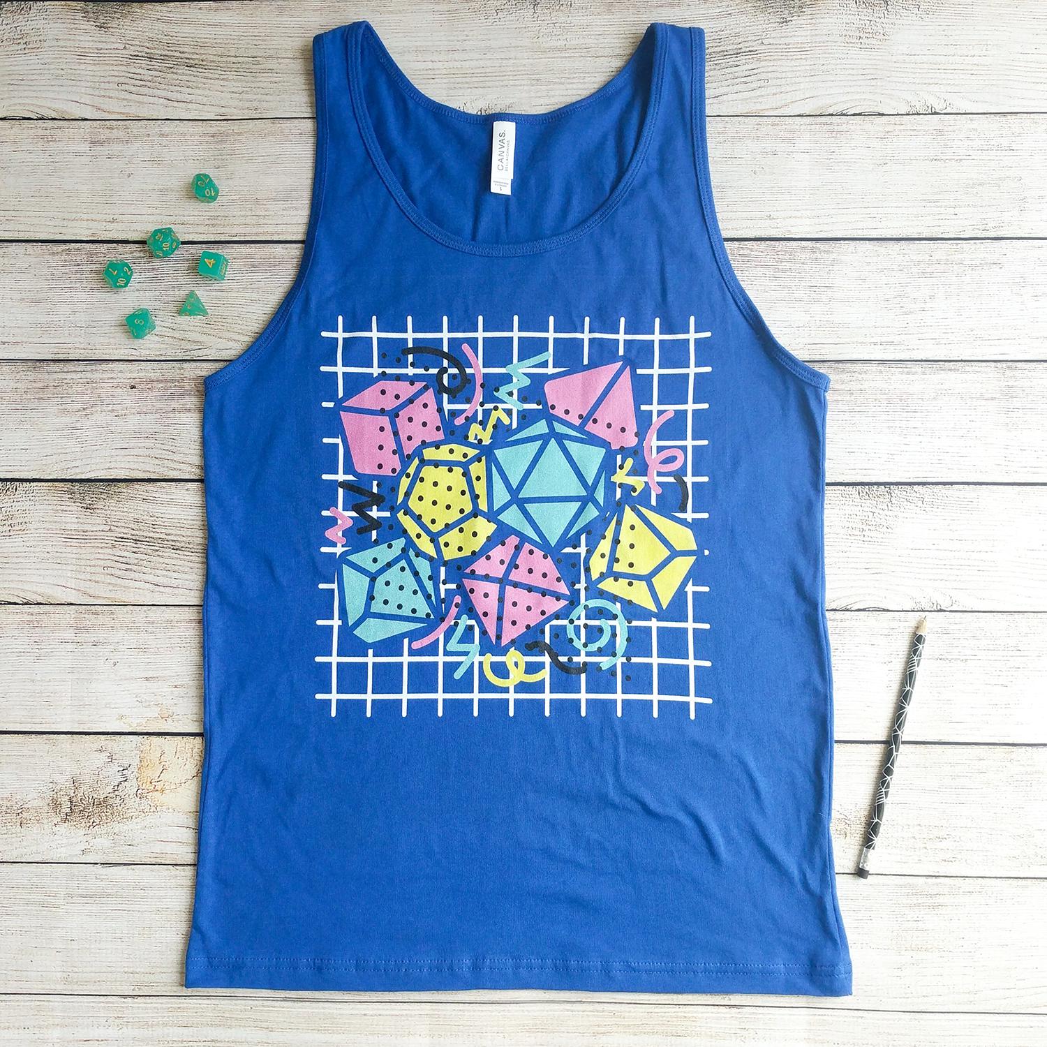 90s Dice Tank Top Dark Version - Geeky merchandise for people who play D&D - Merch to wear and cute accessories and stationery Paola's Pixels