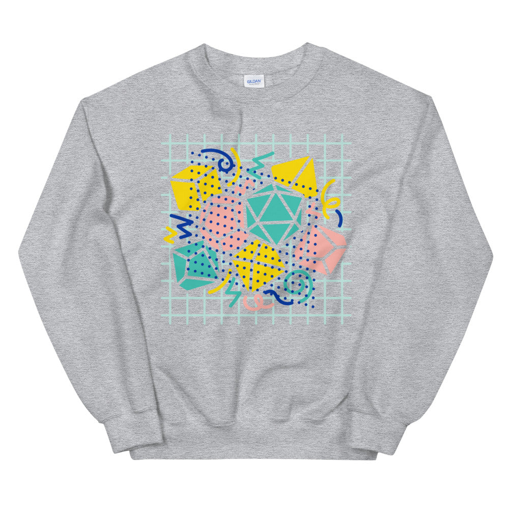 90s Dice Sweatshirt Light Version - Geeky merchandise for people who play D&D - Merch to wear and cute accessories and stationery Paola's Pixels