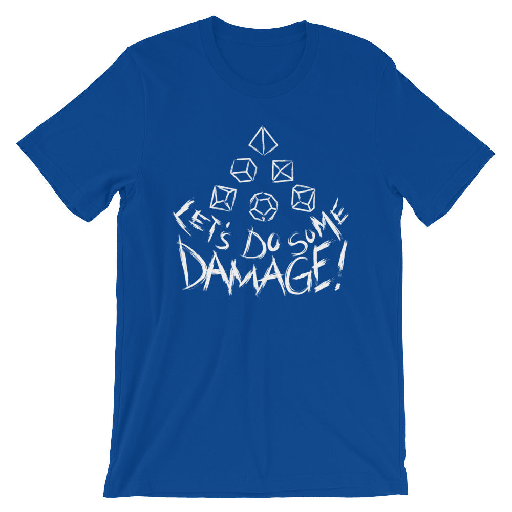 White Let's Do Some Damage Shirt - Geeky merchandise for people who play D&D - Merch to wear and cute accessories and stationery Paola's Pixels