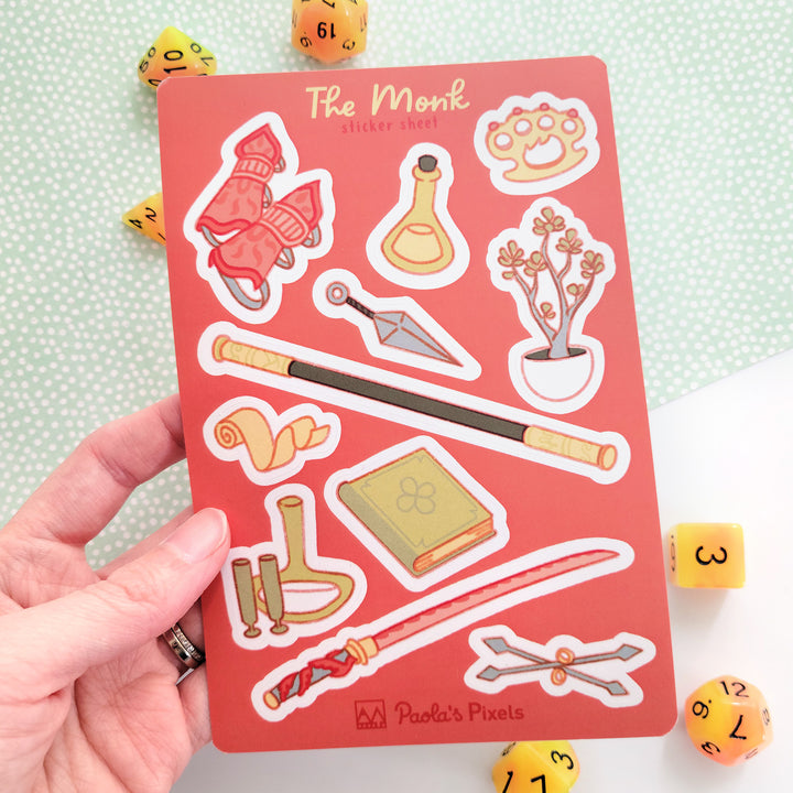The Monk Sticker Sheet - Geeky merchandise for people who play D&D - Merch to wear and cute accessories and stationery Paola's Pixels
