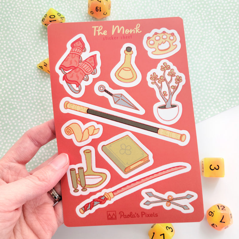 The Monk Sticker Sheet - Geeky merchandise for people who play D&D - Merch to wear and cute accessories and stationery Paola&