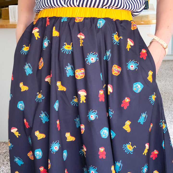 Monster Minis Midi Skirt - Geeky merchandise for people who play D&D - Merch to wear and cute accessories and stationery Paola's Pixels