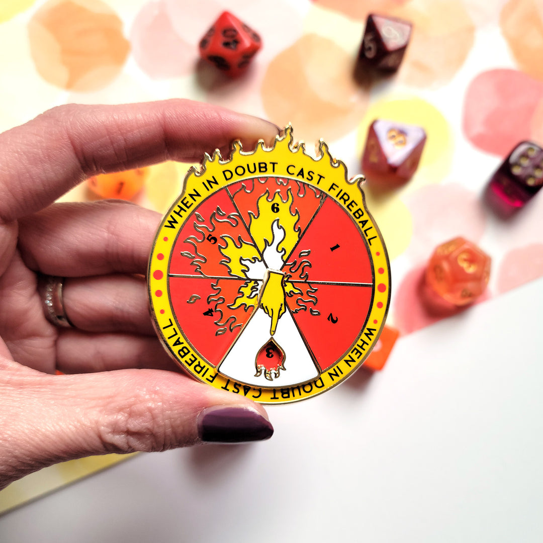 Fireball Spinner Pin - Geeky merchandise for people who play D&D - Merch to wear and cute accessories and stationery Paola's Pixels