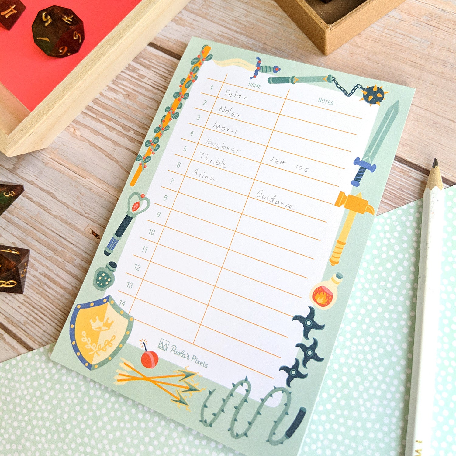 Minty RPG Initiative Pad - Geeky merchandise for people who play D&D - Merch to wear and cute accessories and stationery Paola's Pixels