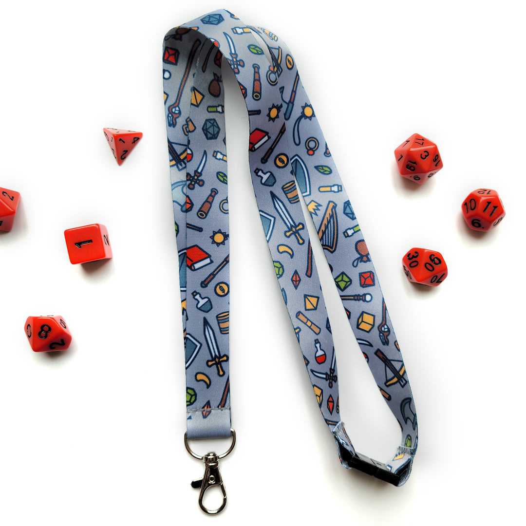 Tabletop Items Lanyard - Geeky merchandise for people who play D&D - Merch to wear and cute accessories and stationery Paola's Pixels