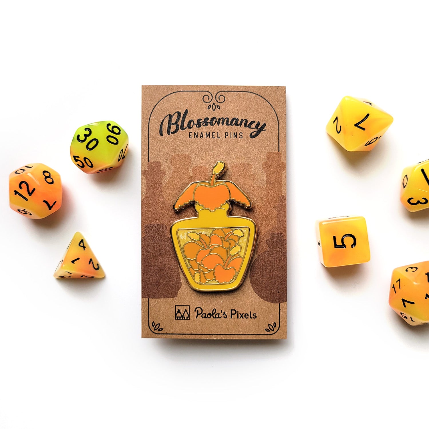 Orange Hibiscus Potion Enamel Pin - Geeky merchandise for people who play D&D - Merch to wear and cute accessories and stationery Paola's Pixels