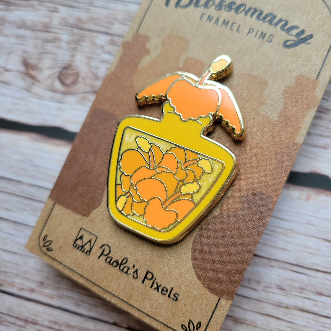 Orange Hibiscus Potion Enamel Pin - Geeky merchandise for people who play D&D - Merch to wear and cute accessories and stationery Paola's Pixels