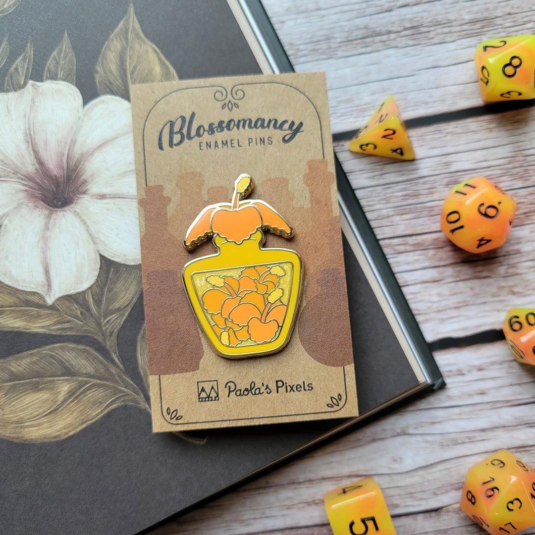 Seconds Sale! Orange Hibiscus Potion Enamel Pin - Geeky merchandise for people who play D&D - Merch to wear and cute accessories and stationery Paola's Pixels
