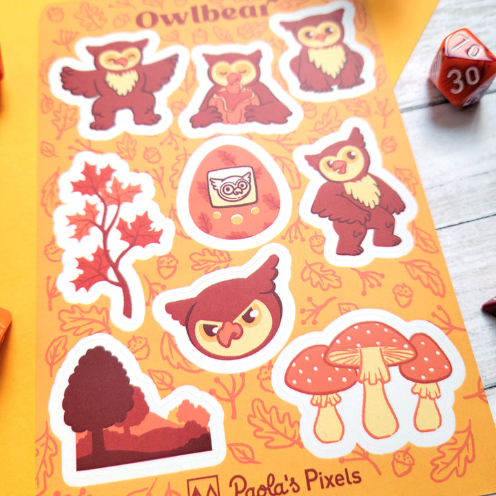 Owlbear Sticker Sheet - Geeky merchandise for people who play D&D - Merch to wear and cute accessories and stationery Paola's Pixels