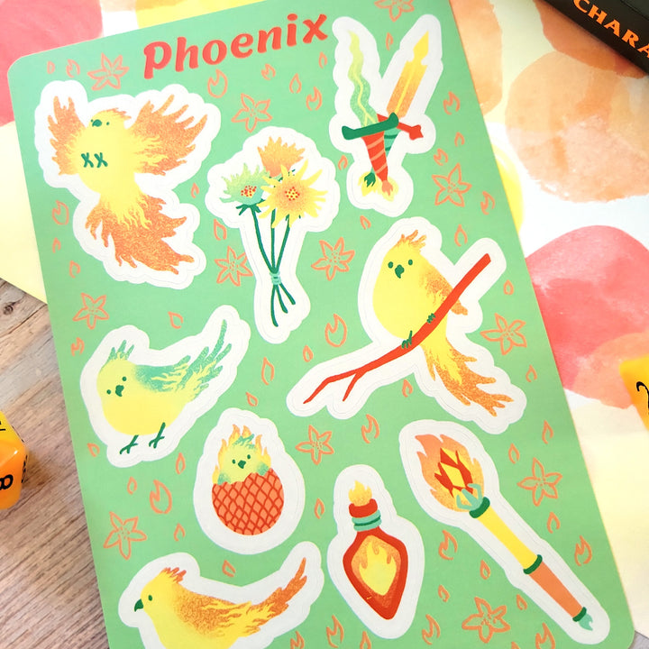 Phoenix Sticker Sheet - Geeky merchandise for people who play D&D - Merch to wear and cute accessories and stationery Paola's Pixels