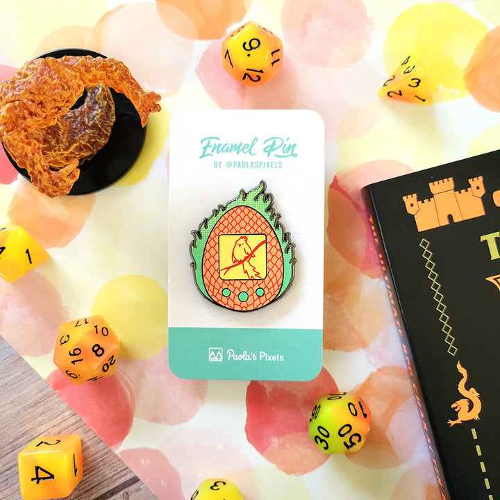 Phoenix Tamagotchi Pin - Geeky merchandise for people who play D&D - Merch to wear and cute accessories and stationery Paola's Pixels