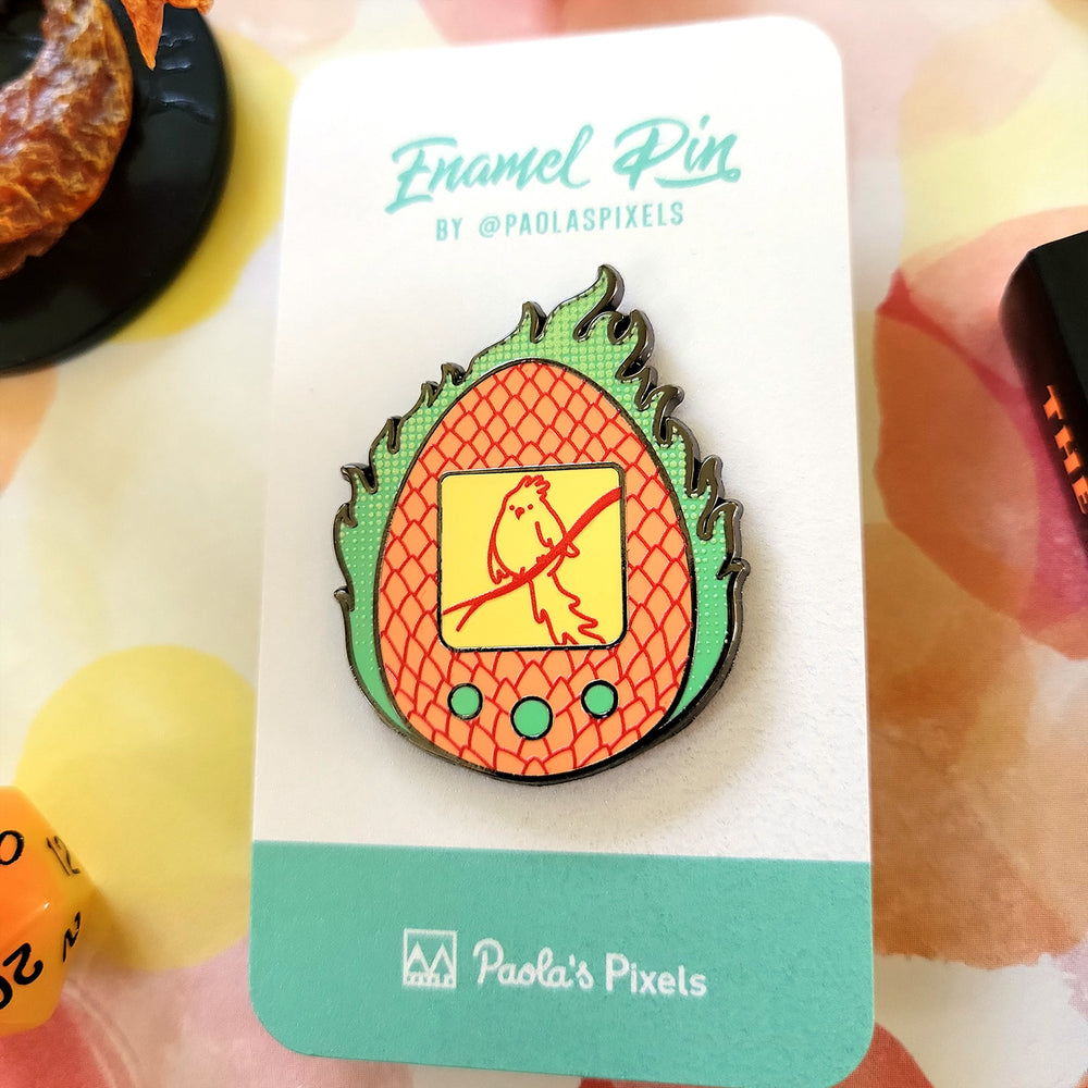 Phoenix Tamagotchi Pin - Geeky merchandise for people who play D&D - Merch to wear and cute accessories and stationery Paola's Pixels