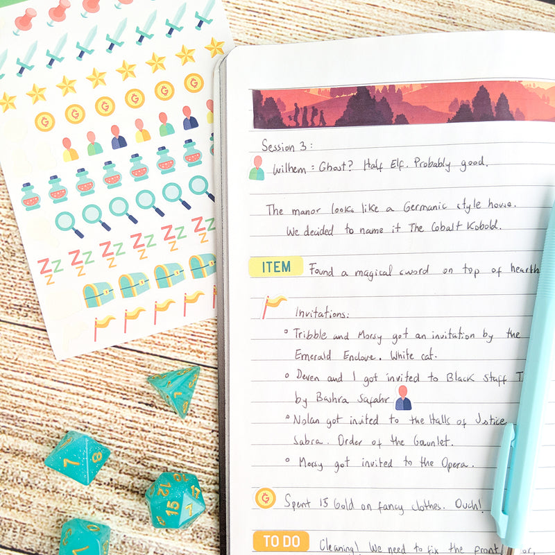 Text and Icon Session Notes Sticker Sheets - Geeky merchandise for people who play D&D - Merch to wear and cute accessories and stationery Paola&