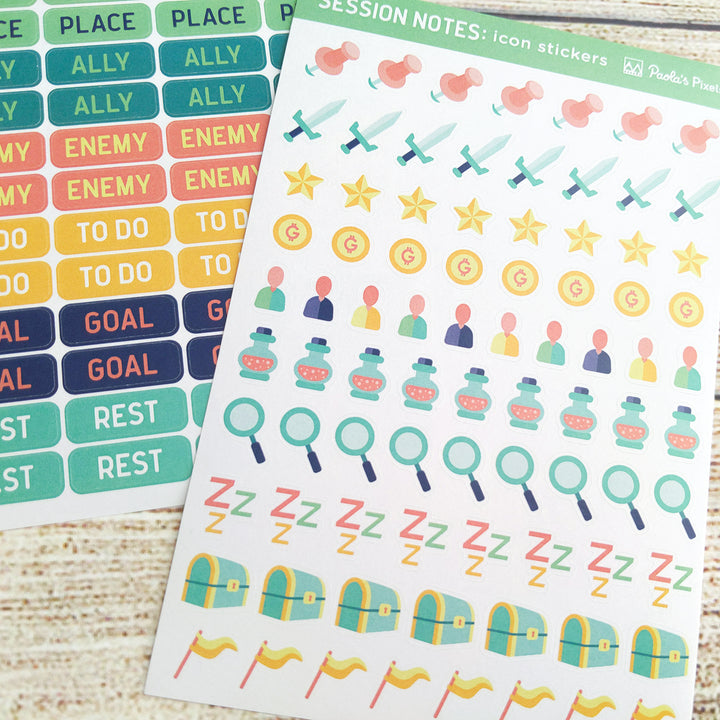 Text and Icon Session Notes Sticker Sheets - Geeky merchandise for people who play D&D - Merch to wear and cute accessories and stationery Paola's Pixels