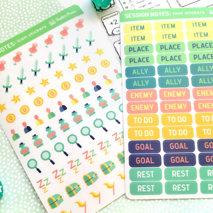 Text and Icon Session Notes Sticker Sheets - Geeky merchandise for people who play D&D - Merch to wear and cute accessories and stationery Paola's Pixels