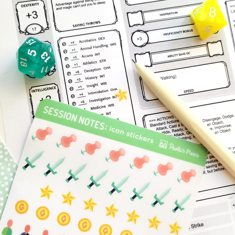 Text and Icon Session Notes Sticker Sheets - Geeky merchandise for people who play D&D - Merch to wear and cute accessories and stationery Paola&