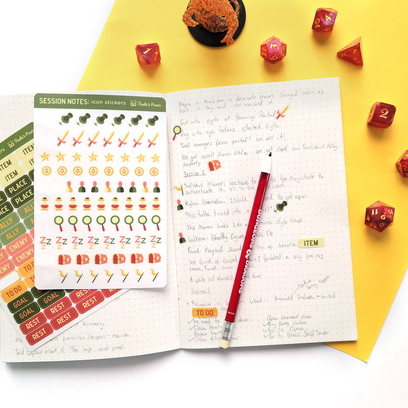 Text and Icon Session Notes Sticker Sheets - Fall Colors - Geeky merchandise for people who play D&D - Merch to wear and cute accessories and stationery Paola&