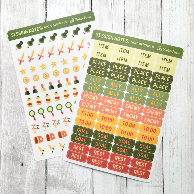 Text and Icon Session Notes Sticker Sheets - Fall Colors - Geeky merchandise for people who play D&D - Merch to wear and cute accessories and stationery Paola&