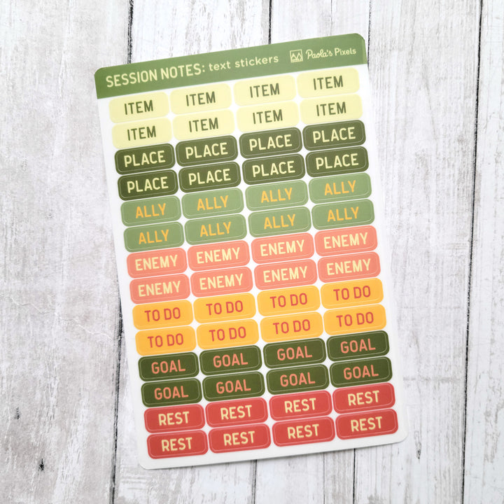 Text and Icon Session Notes Sticker Sheets - Fall Colors - Geeky merchandise for people who play D&D - Merch to wear and cute accessories and stationery Paola's Pixels