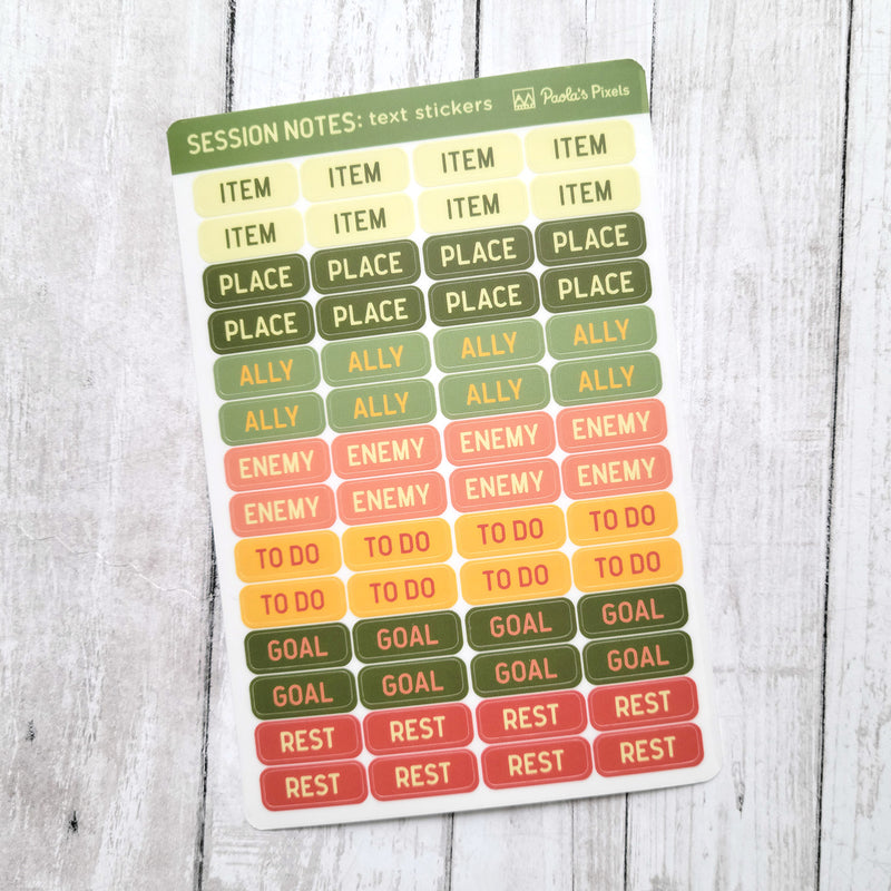 Text and Icon Session Notes Sticker Sheets - Fall Colors - Geeky merchandise for people who play D&D - Merch to wear and cute accessories and stationery Paola&
