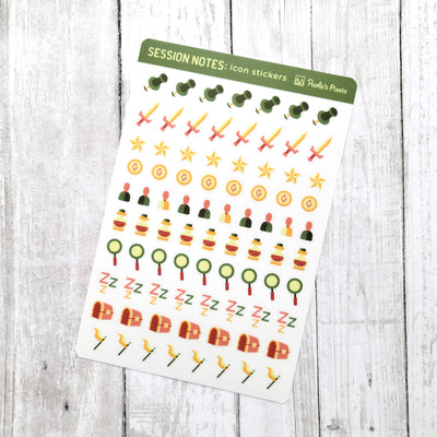 Text and Icon Session Notes Sticker Sheets - Fall Colors - Geeky merchandise for people who play D&D - Merch to wear and cute accessories and stationery Paola's Pixels