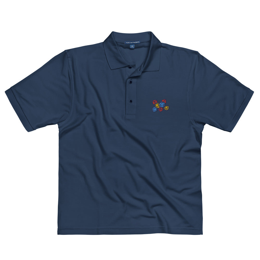Primary Color Dice Embroidered Polo Shirt - Geeky merchandise for people who play D&D - Merch to wear and cute accessories and stationery Paola's Pixels