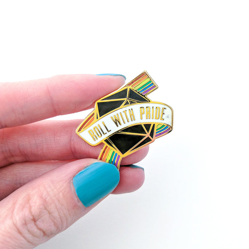 Seconds Sale! Roll with Pride Enamel Pin - Geeky merchandise for people who play D&D - Merch to wear and cute accessories and stationery Paola&