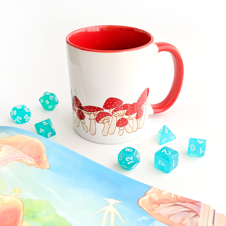 Red Mushrooms Mug - Geeky merchandise for people who play D&D - Merch to wear and cute accessories and stationery Paola's Pixels